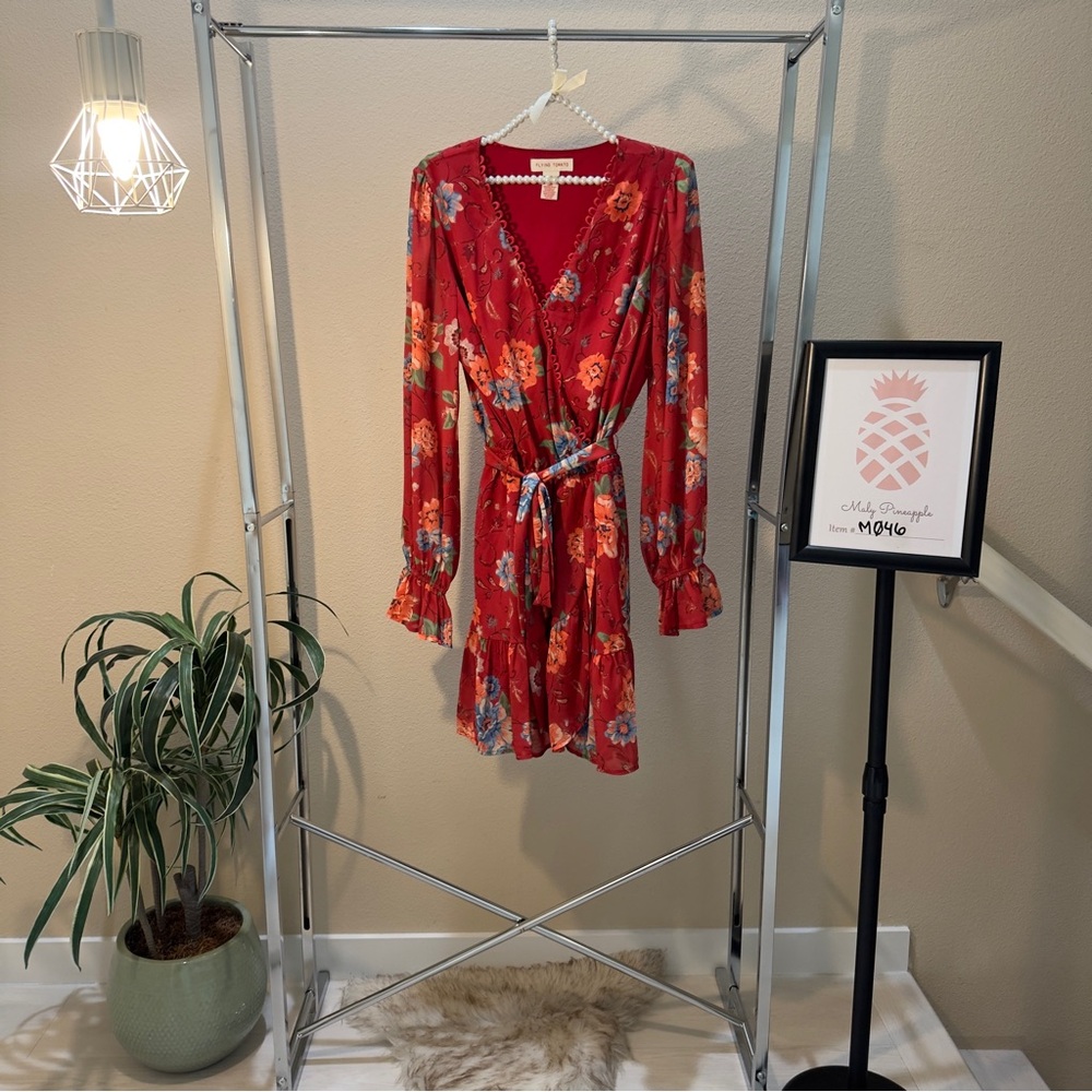 Flying Tomato size L long sleeve sheer floral mini wrap dress.